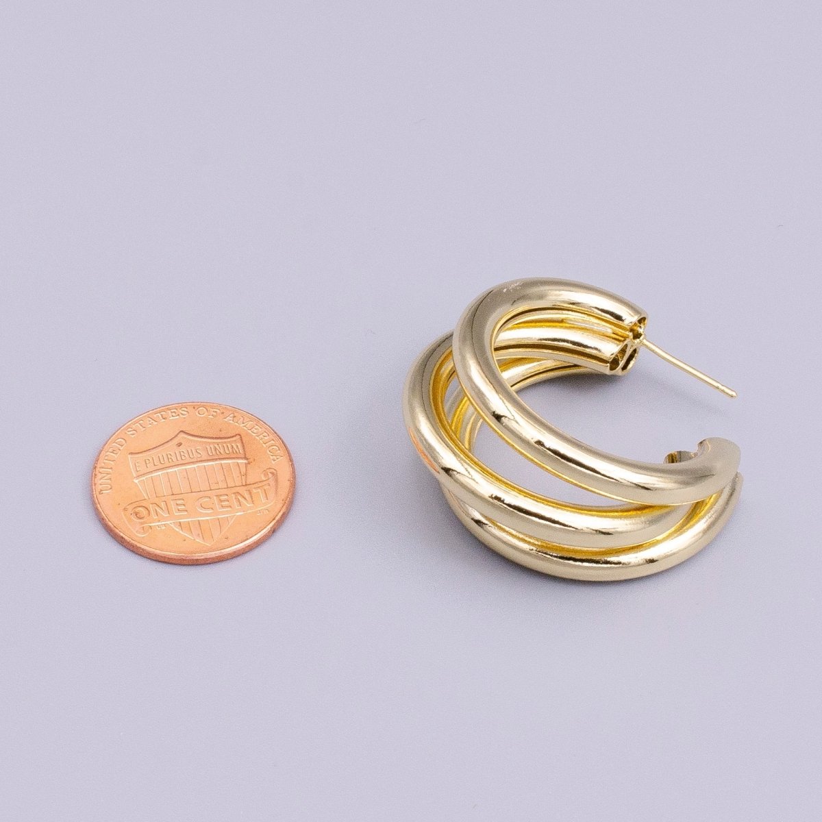 14K Gold Filled 30mm Triple Band Bar C-Shaped Geometric Hoop Earrings | AE069 - DLUXCA