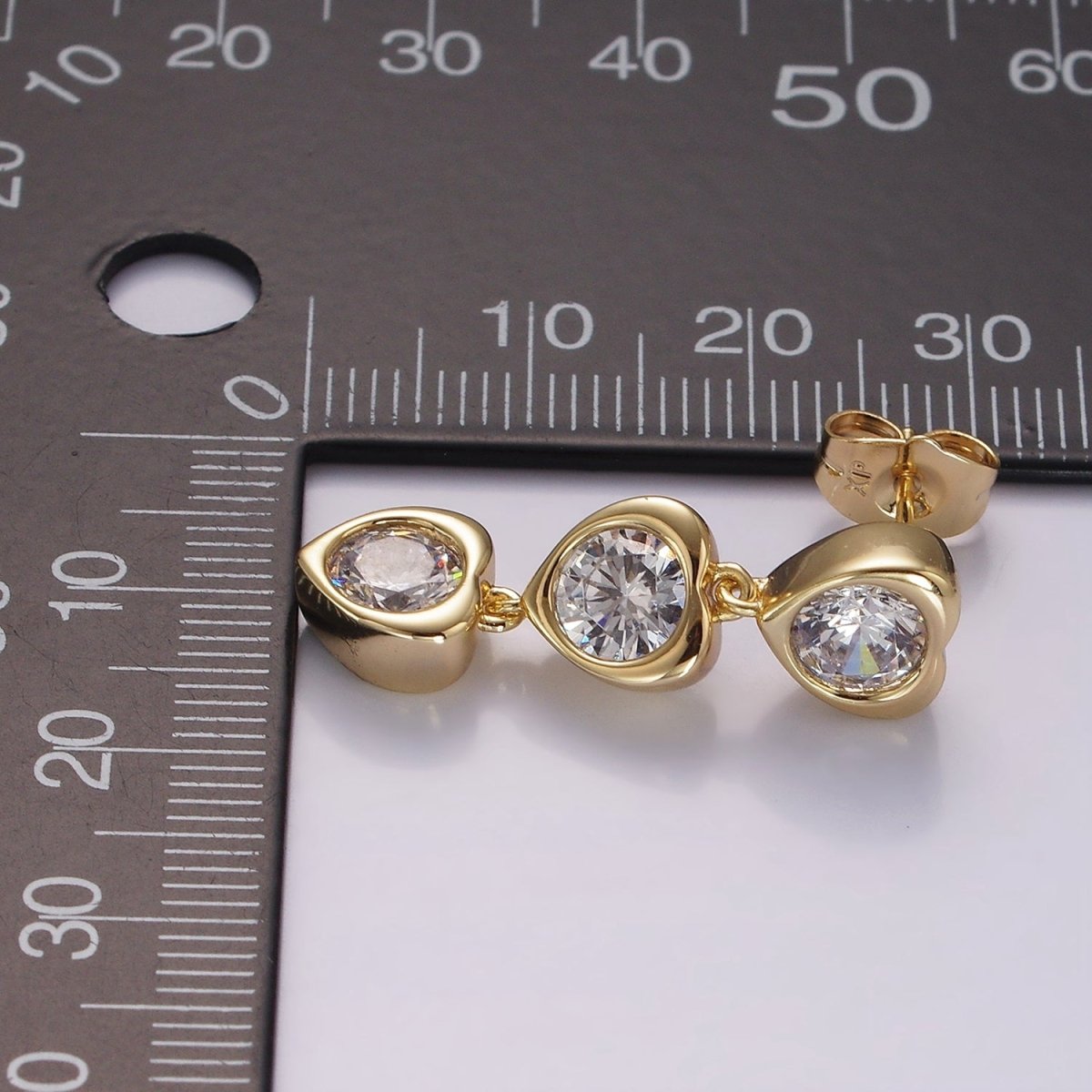 14K Gold Filled 30mm Triple Clear CZ Heart Bezel Drop Stud Earrings | AB1135 - DLUXCA