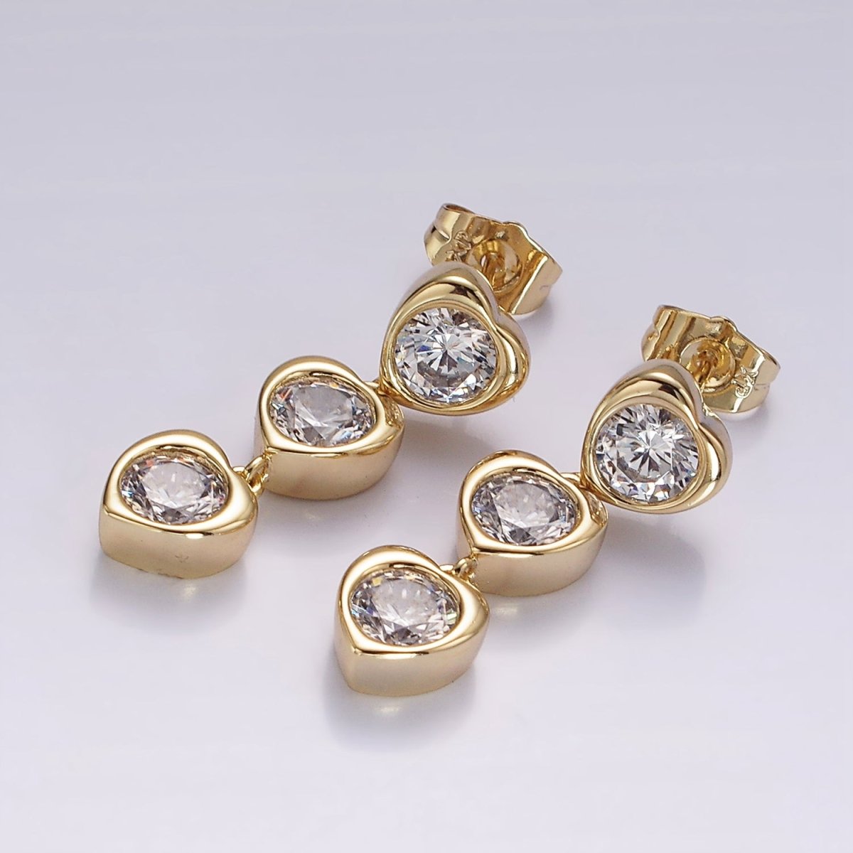 14K Gold Filled 30mm Triple Clear CZ Heart Bezel Drop Stud Earrings | AB1135 - DLUXCA