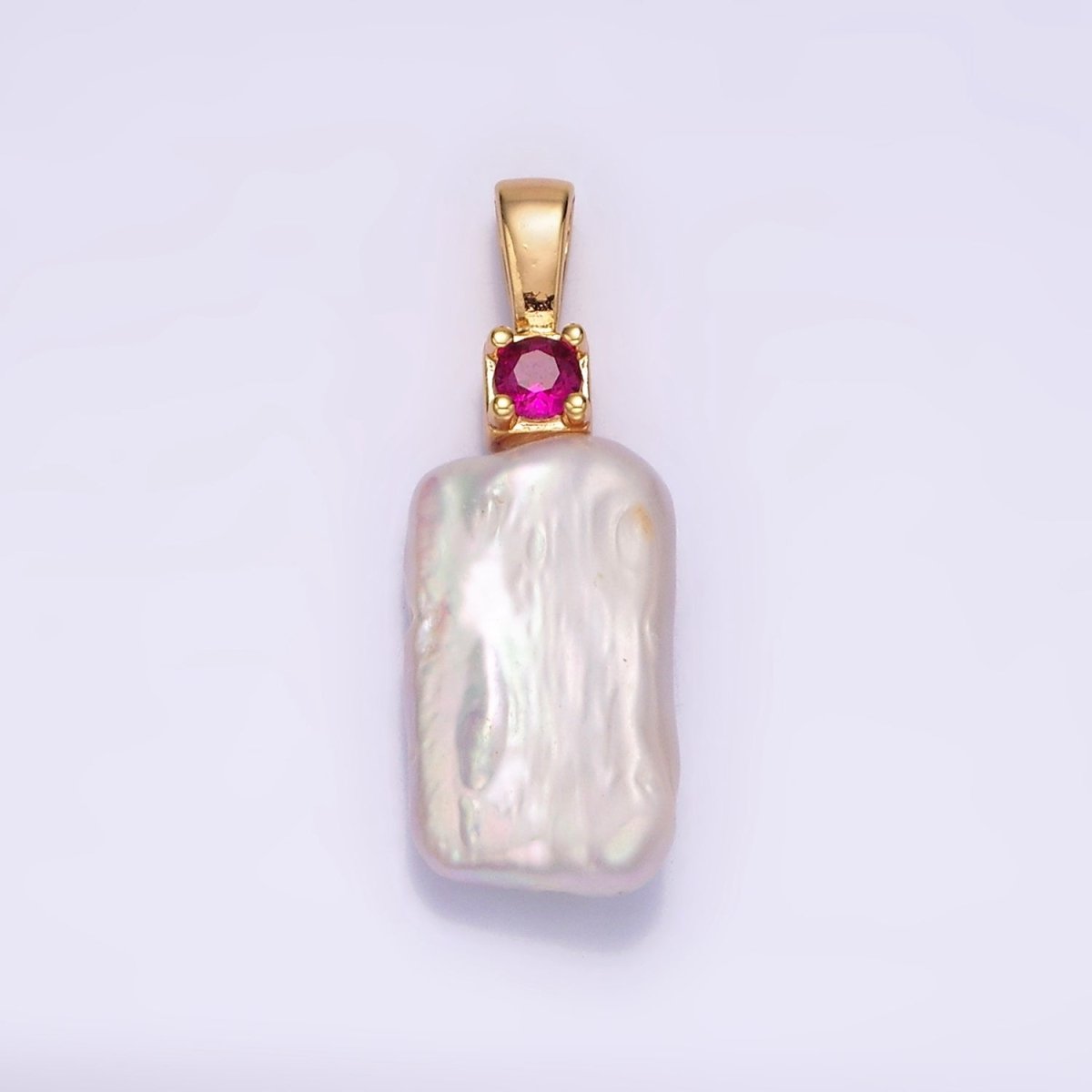 14K Gold Filled 30mm White Rectangular Biwa Freshwater Pearl Green, Pink, Clear, Fuchsia CZ Pendant | P1622 - P1625 - DLUXCA