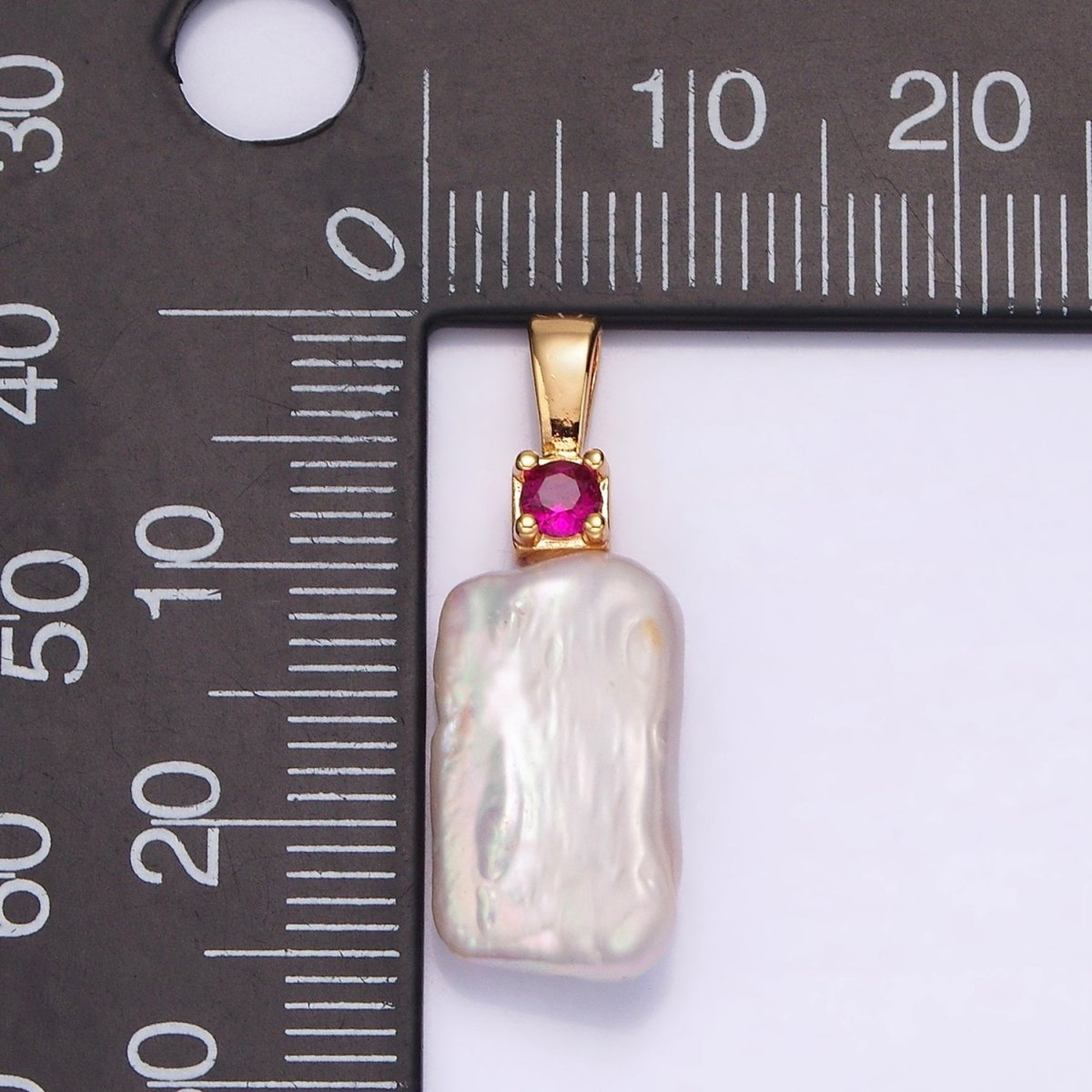 14K Gold Filled 30mm White Rectangular Biwa Freshwater Pearl Green, Pink, Clear, Fuchsia CZ Pendant | P1622 - P1625 - DLUXCA