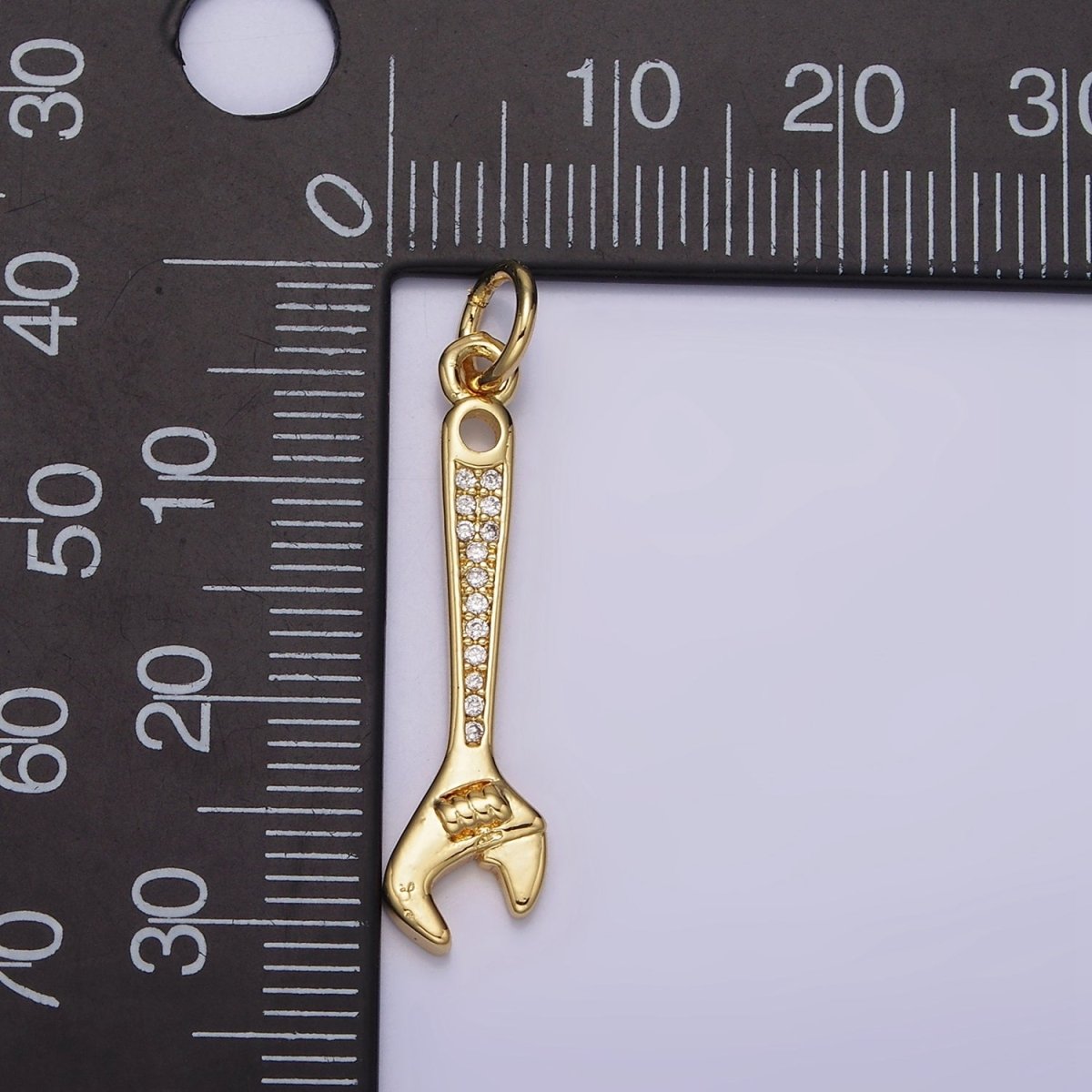 14K Gold Filled 32mm Clear Micro Paved CZ Torque Wrench Construction Tool Charm | N1100 - DLUXCA