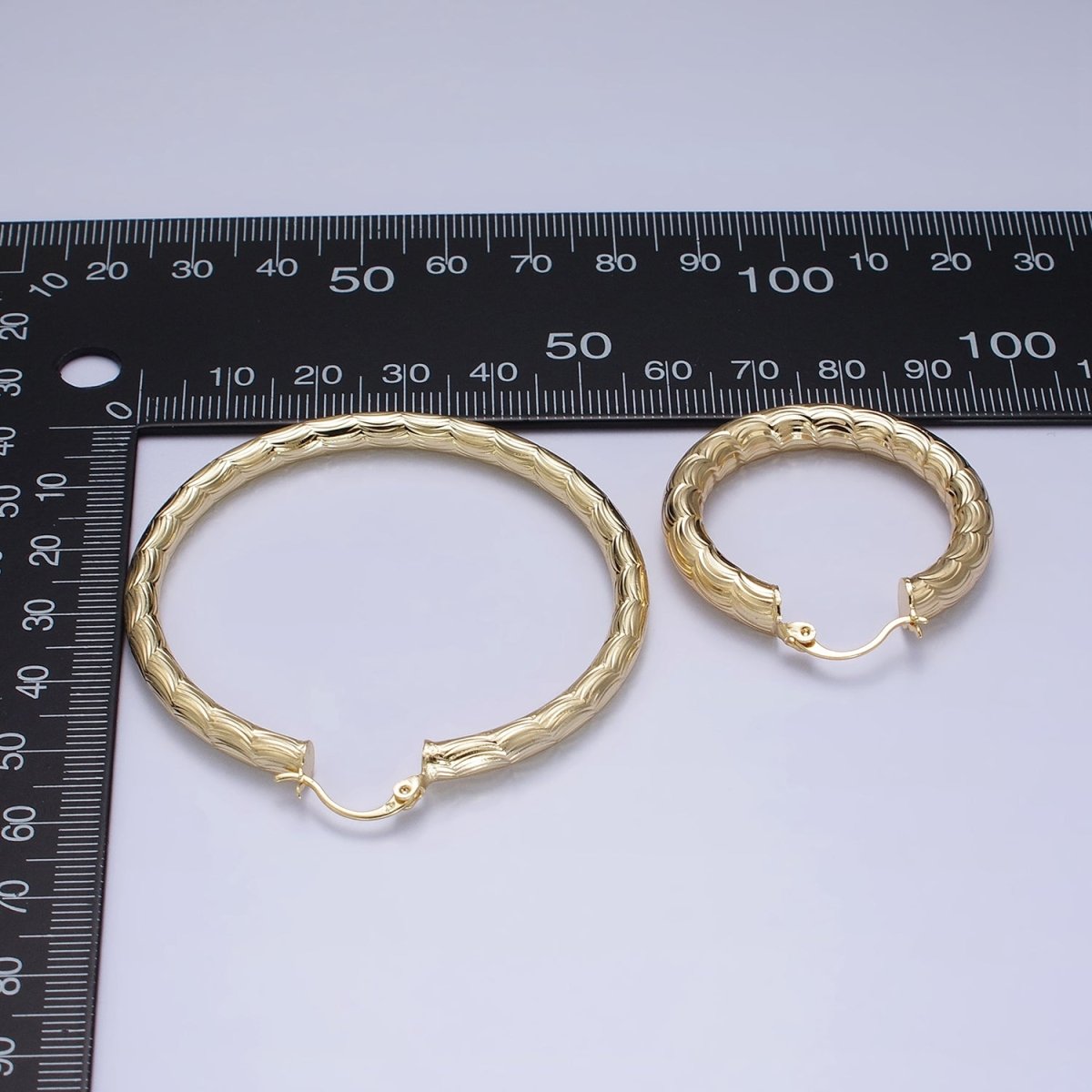 14K Gold Filled 35mm, 45mm, 55mm Cloudy Curved-Line Textured French Lock Latch Hoop Earrings | AE014 - AE016 - DLUXCA