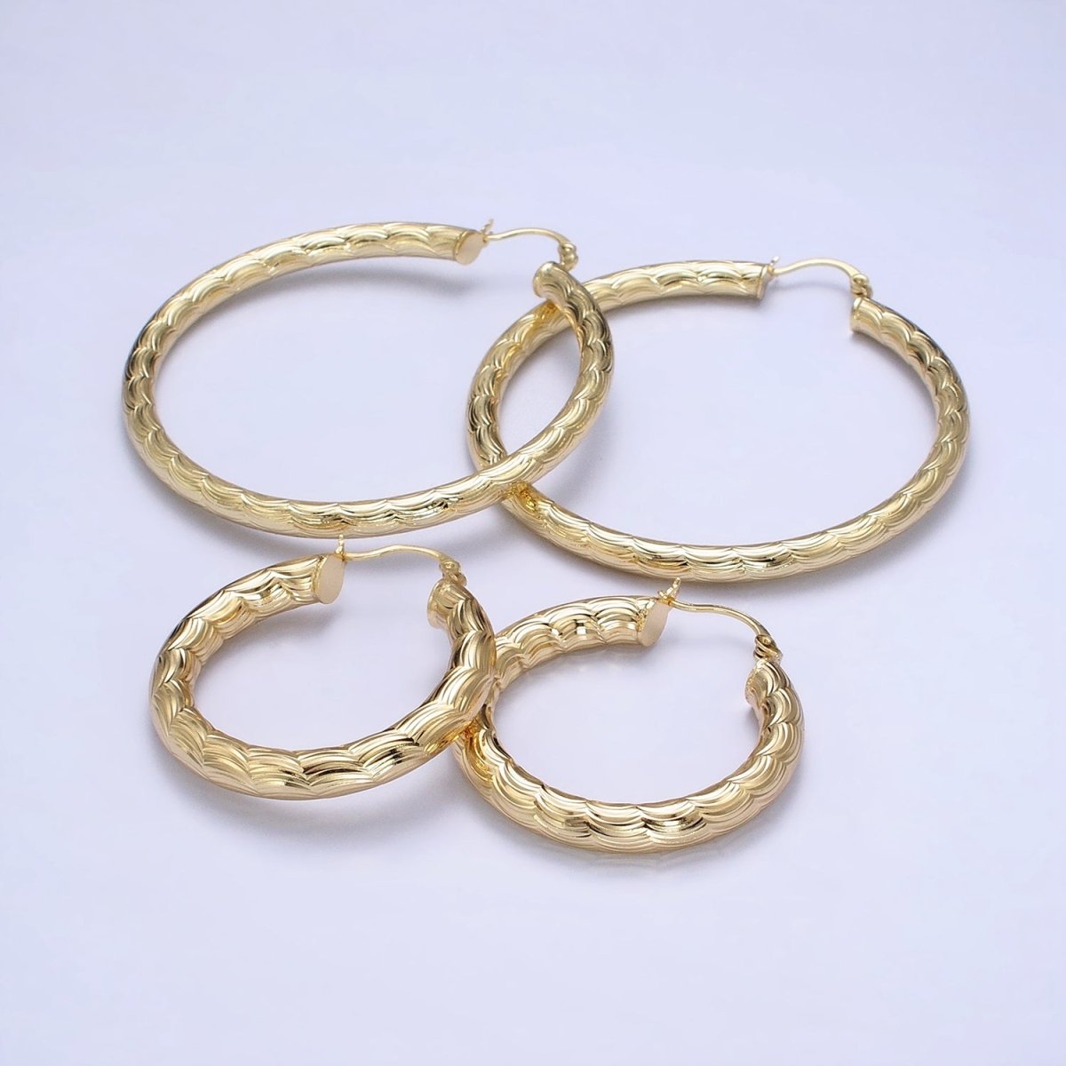 14K Gold Filled 35mm, 45mm, 55mm Cloudy Curved-Line Textured French Lock Latch Hoop Earrings | AE014 - AE016 - DLUXCA