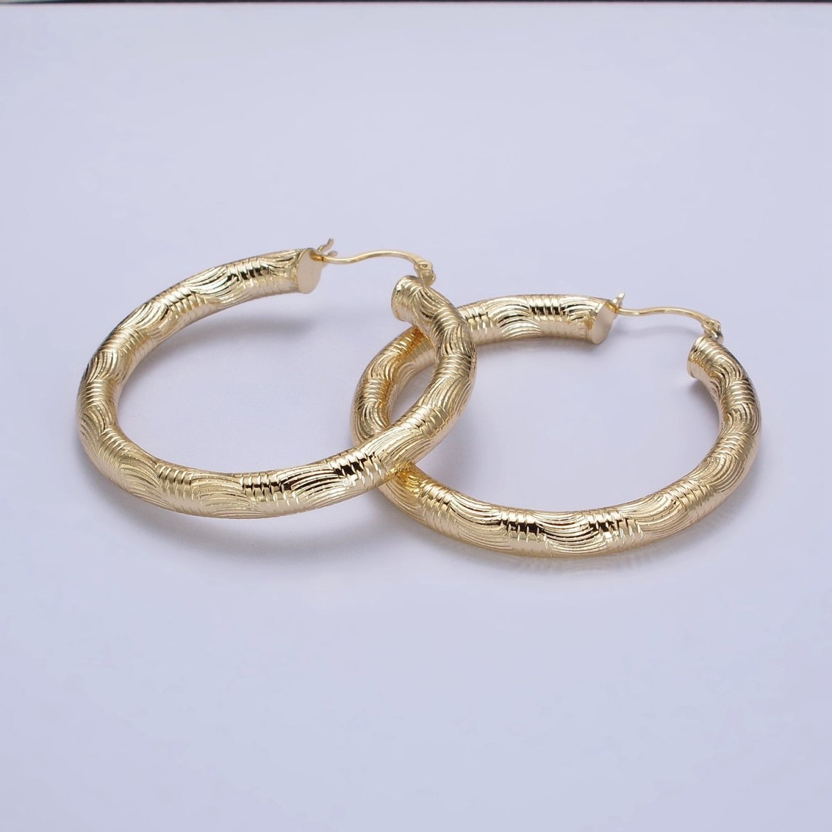 14K Gold Filled 35mm, 45mm, 55mm Curved Line Textured Latch French Lock Hoop Earrings | AE006 -AE008 - DLUXCA