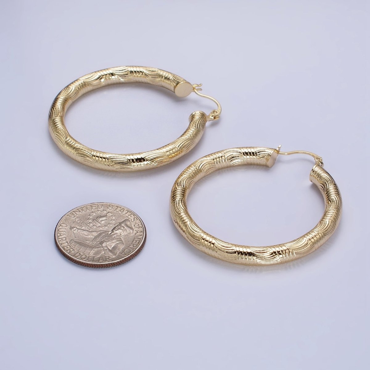 14K Gold Filled 35mm, 45mm, 55mm Curved Line Textured Latch French Lock Hoop Earrings | AE006 -AE008 - DLUXCA