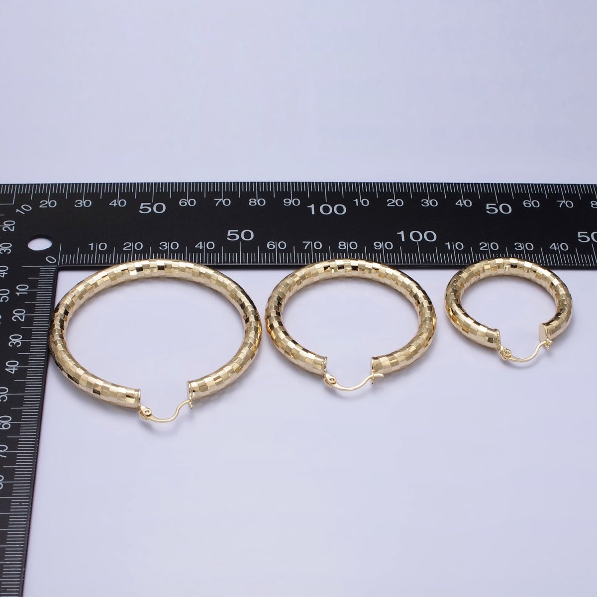 14K Gold Filled 35mm, 45mm, 55mm Line Textured Geometric Hoop French Lock Latch Earrings | AE-004 AE-005 AE-048 - DLUXCA