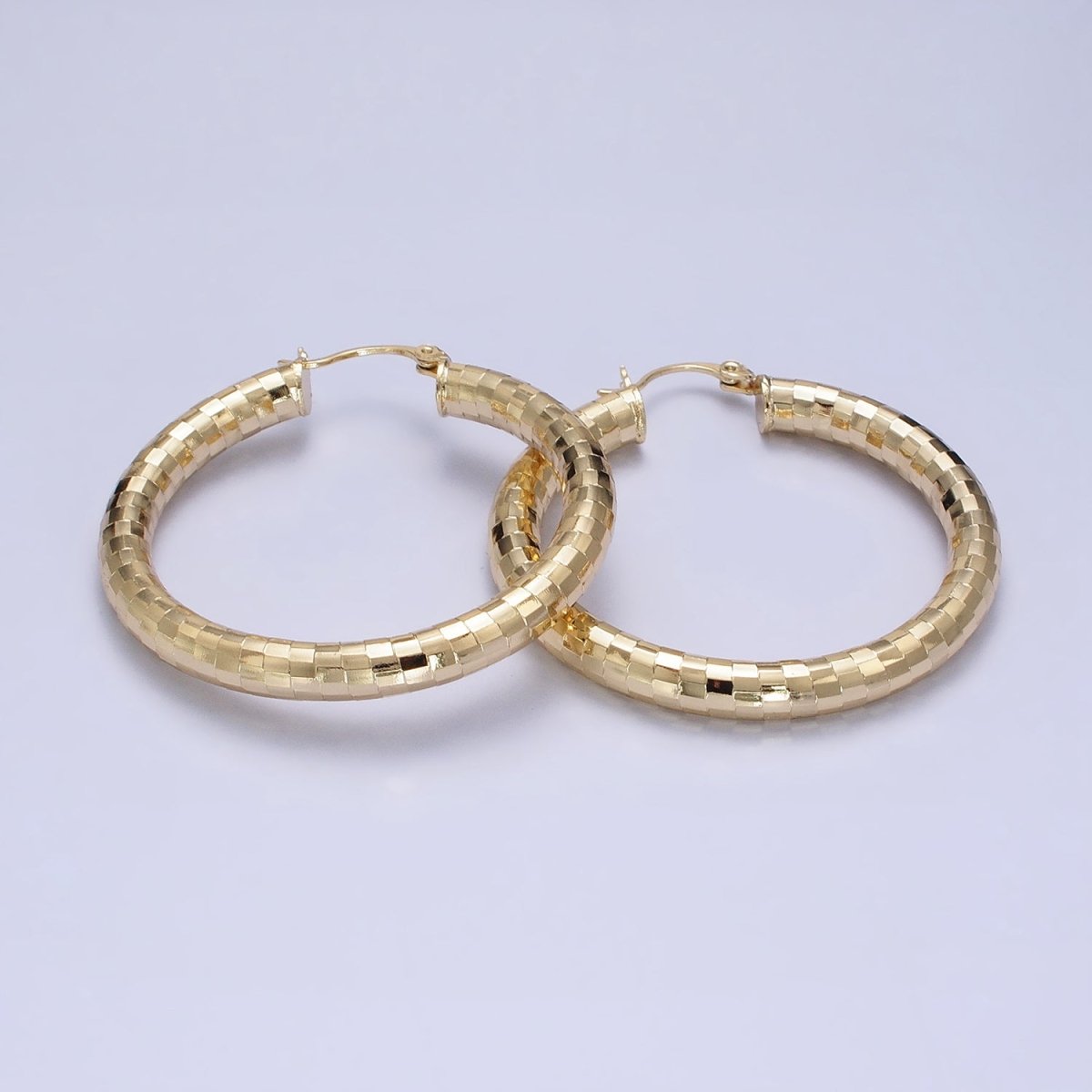 14K Gold Filled 35mm, 45mm, 55mm Line Textured Geometric Hoop French Lock Latch Earrings | AE-004 AE-005 AE-048 - DLUXCA