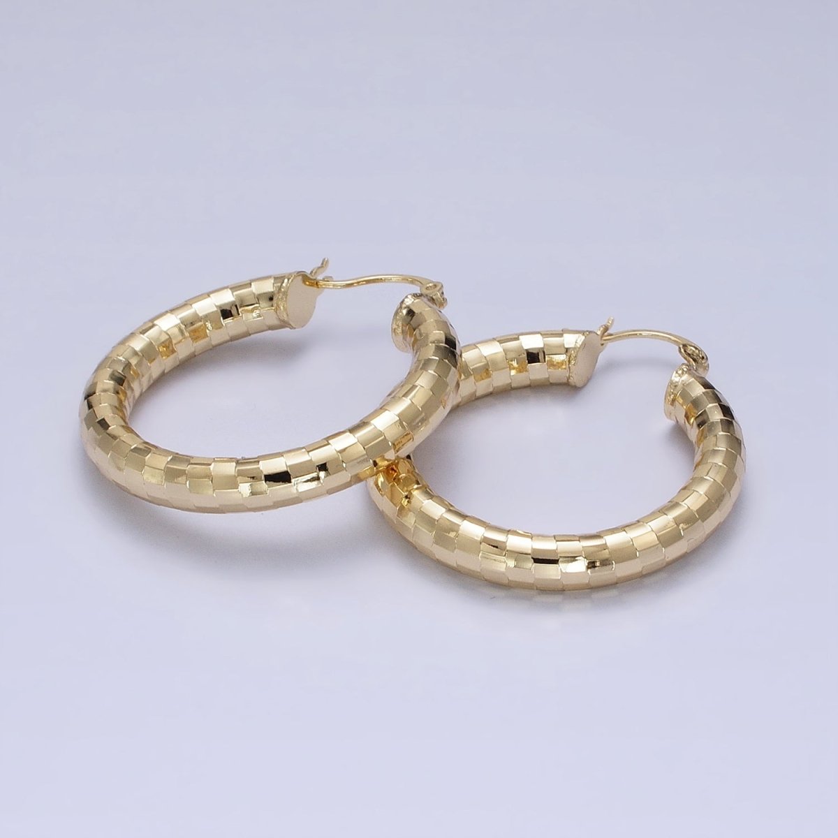 14K Gold Filled 35mm, 45mm, 55mm Line Textured Geometric Hoop French Lock Latch Earrings | AE-004 AE-005 AE-048 - DLUXCA