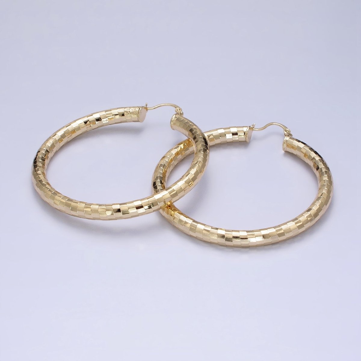 14K Gold Filled 35mm, 45mm, 55mm Line Textured Geometric Hoop French Lock Latch Earrings | AE-004 AE-005 AE-048 - DLUXCA