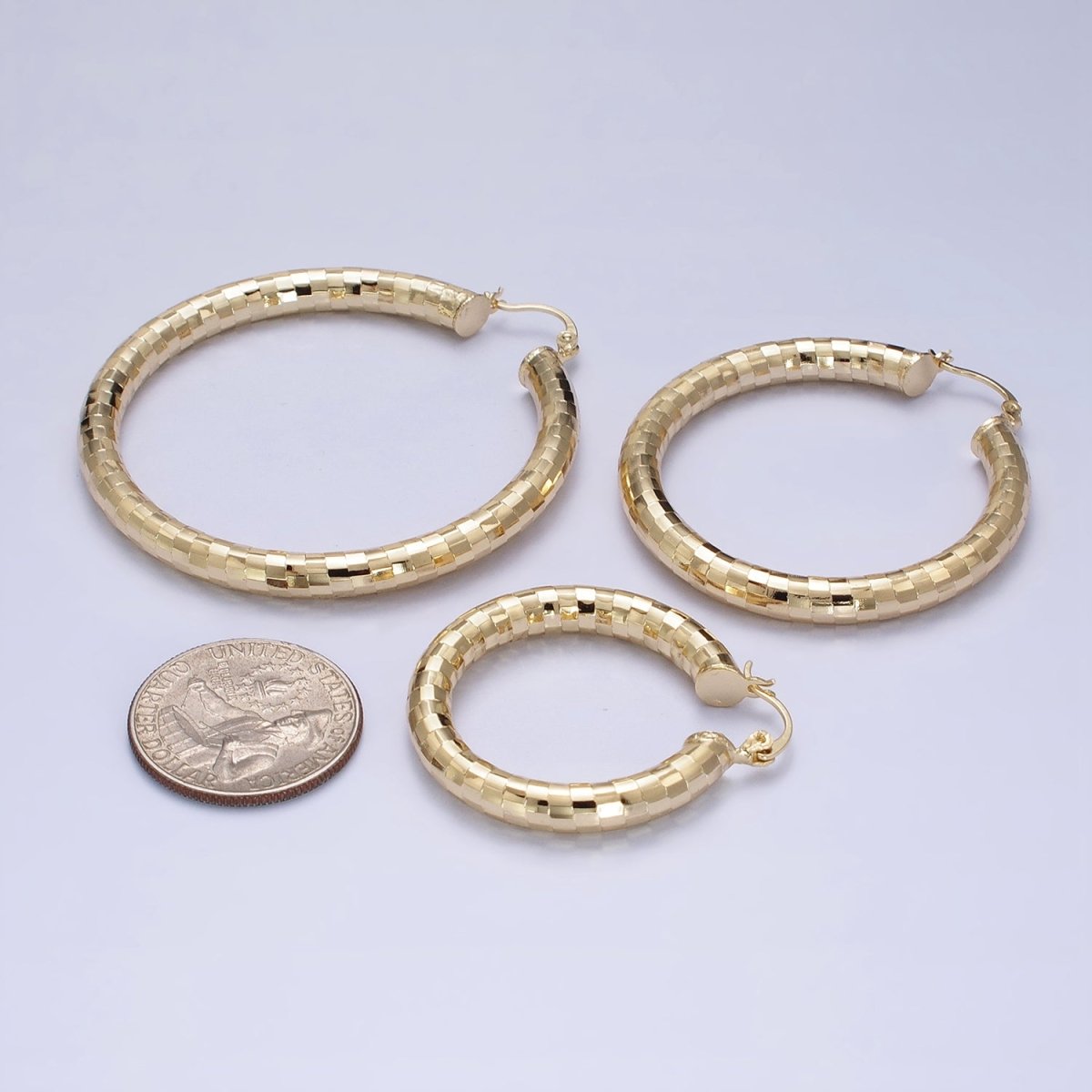 14K Gold Filled 35mm, 45mm, 55mm Line Textured Geometric Hoop French Lock Latch Earrings | AE-004 AE-005 AE-048 - DLUXCA