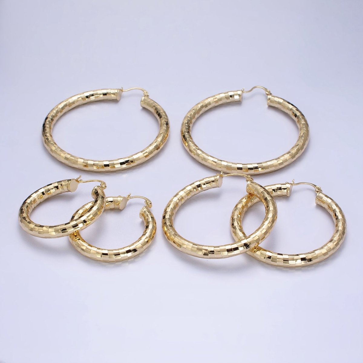 14K Gold Filled 35mm, 45mm, 55mm Line Textured Geometric Hoop French Lock Latch Earrings | AE-004 AE-005 AE-048 - DLUXCA