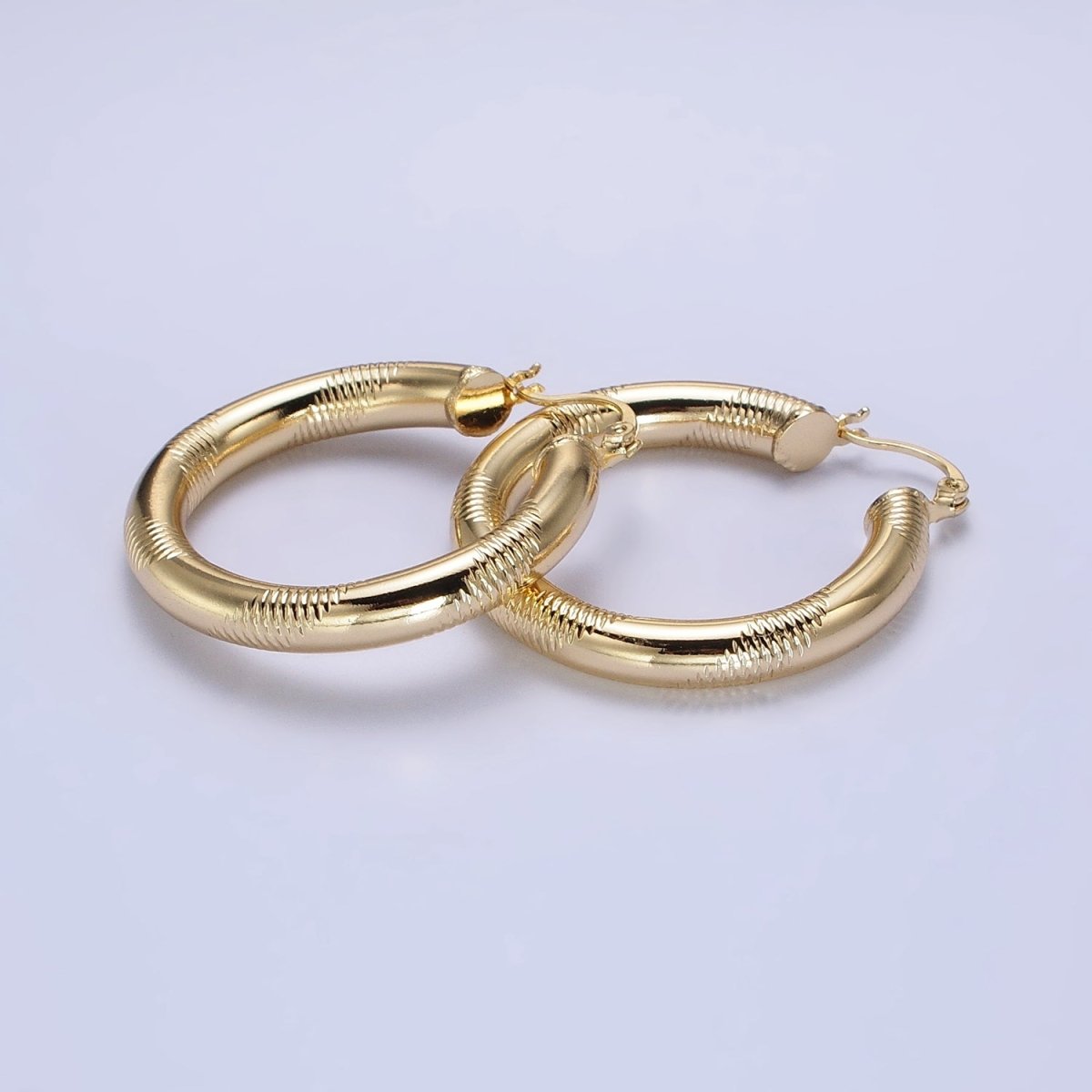 14K Gold Filled 35mm, 45mm, 55mm Line-Textured Statement Latch French Lock Hoop Earrings | AB207 - AB209 - DLUXCA
