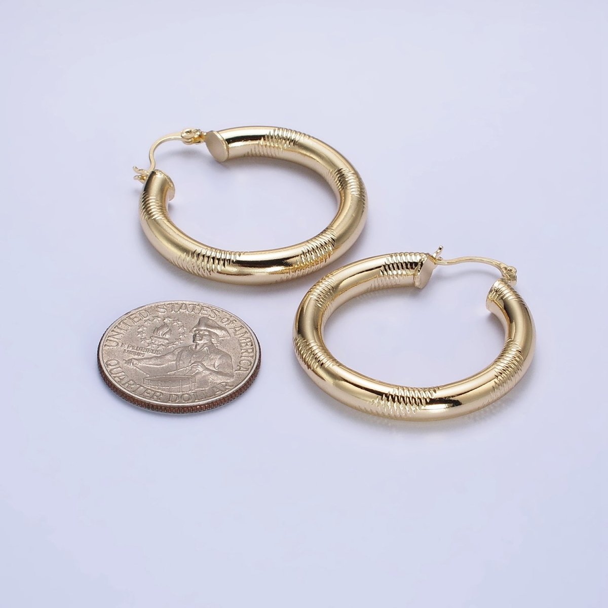 14K Gold Filled 35mm, 45mm, 55mm Line-Textured Statement Latch French Lock Hoop Earrings | AB207 - AB209 - DLUXCA