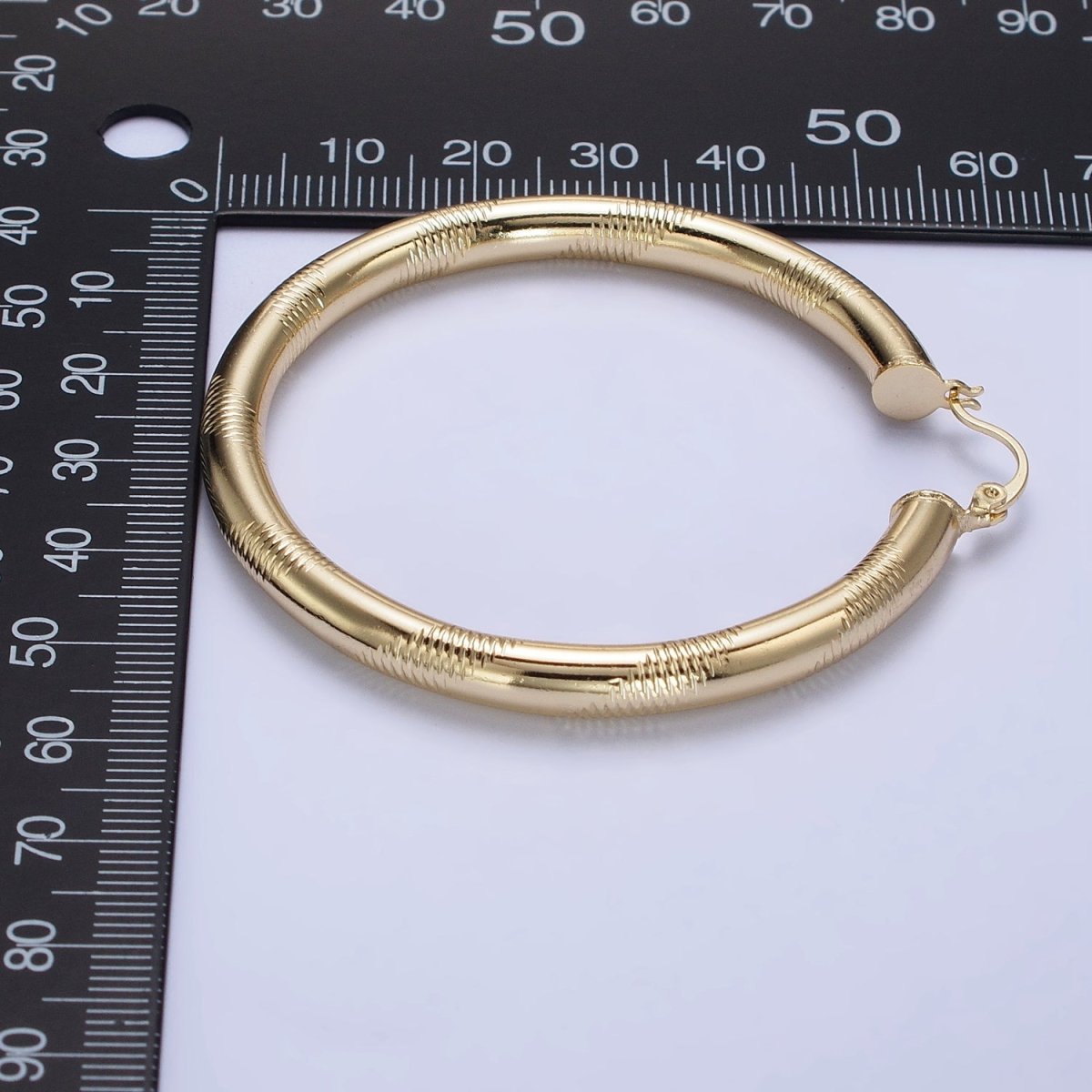 14K Gold Filled 35mm, 45mm, 55mm Line-Textured Statement Latch French Lock Hoop Earrings | AB207 - AB209 - DLUXCA