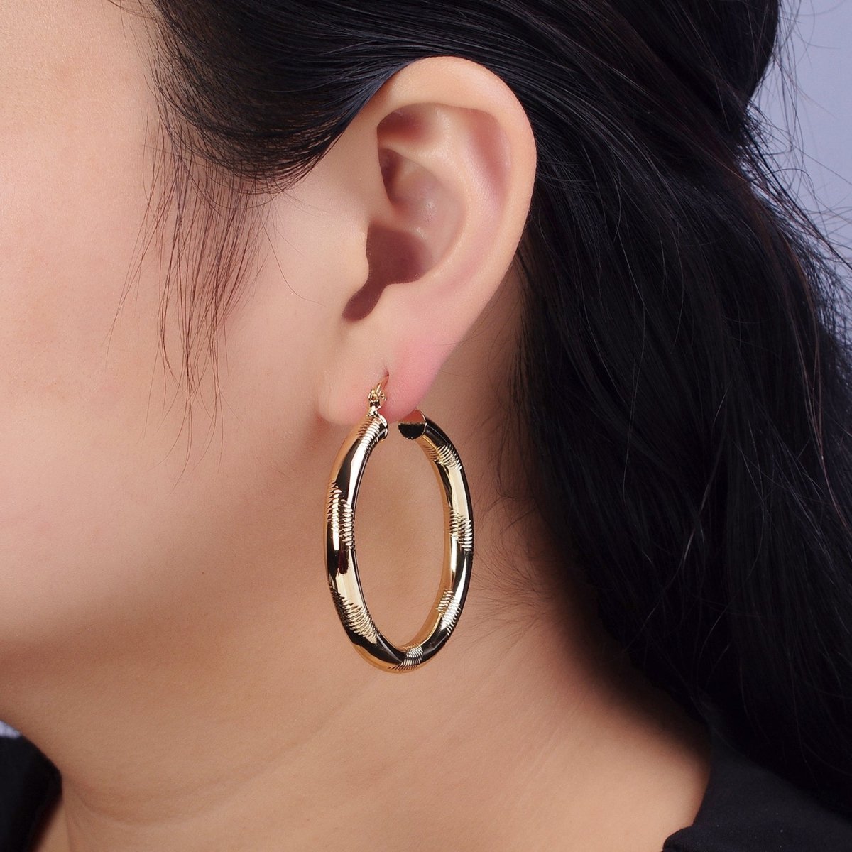 14K Gold Filled 35mm, 45mm, 55mm Line-Textured Statement Latch French Lock Hoop Earrings | AB207 - AB209 - DLUXCA