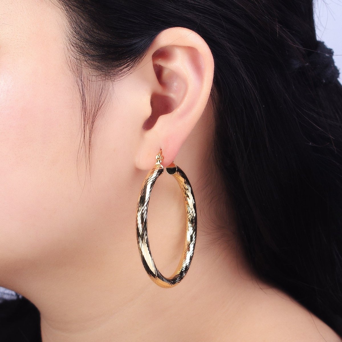 14K Gold Filled 35mm, 45mm, 55mm Line-Textured Twisted French Lock Latch Hoop Earrings | AE009 - AE011 - DLUXCA