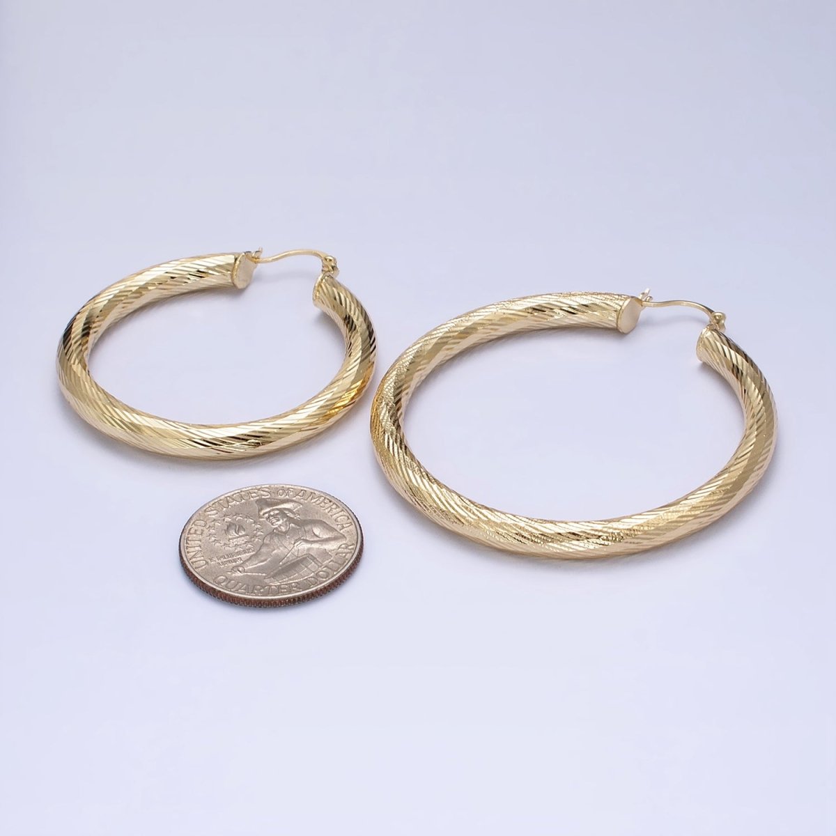 14K Gold Filled 35mm, 45mm, 55mm Line-Textured Twisted French Lock Latch Hoop Earrings | AE009 - AE011 - DLUXCA