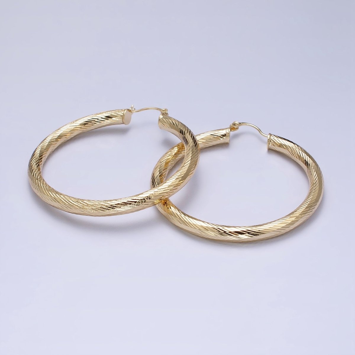 14K Gold Filled 35mm, 45mm, 55mm Line-Textured Twisted French Lock Latch Hoop Earrings | AE009 - AE011 - DLUXCA