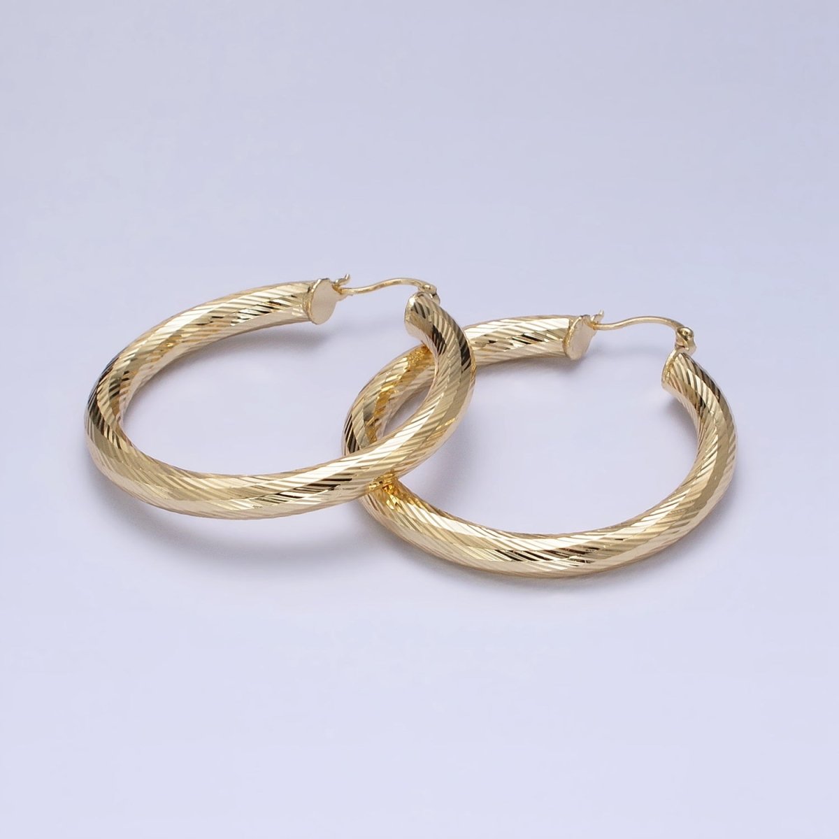 14K Gold Filled 35mm, 45mm, 55mm Line-Textured Twisted French Lock Latch Hoop Earrings | AE009 - AE011 - DLUXCA