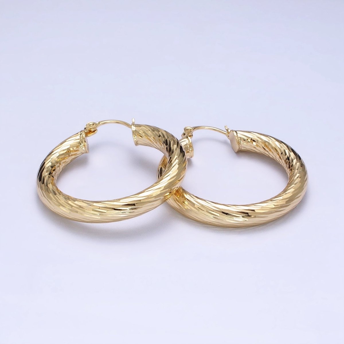 14K Gold Filled 35mm, 45mm, 55mm Line-Textured Twisted French Lock Latch Hoop Earrings | AE009 - AE011 - DLUXCA