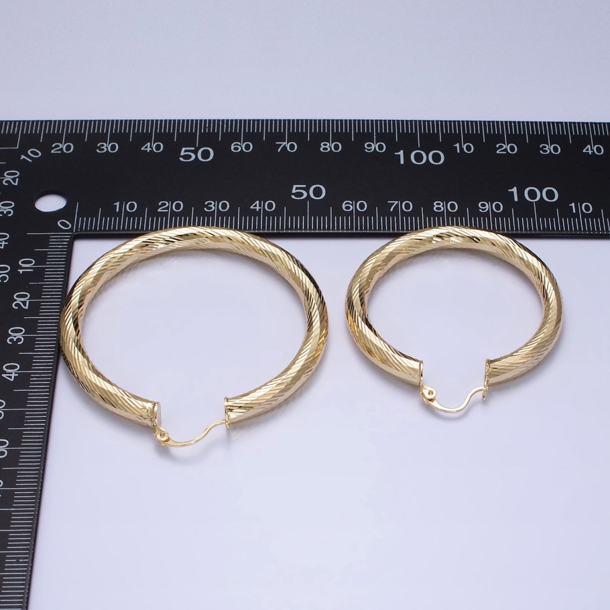 14K Gold Filled 35mm, 45mm, 55mm Line-Textured Twisted French Lock Latch Hoop Earrings | AE009 - AE011 - DLUXCA