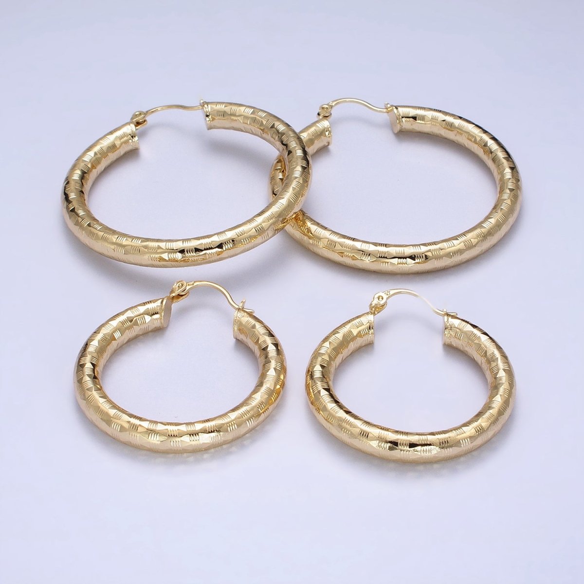 14K Gold Filled 35mm, 55mm, 50mm Line-Texture Multifaceted French Lock Latch Hoop Earrings | AE001 - AE003 - DLUXCA