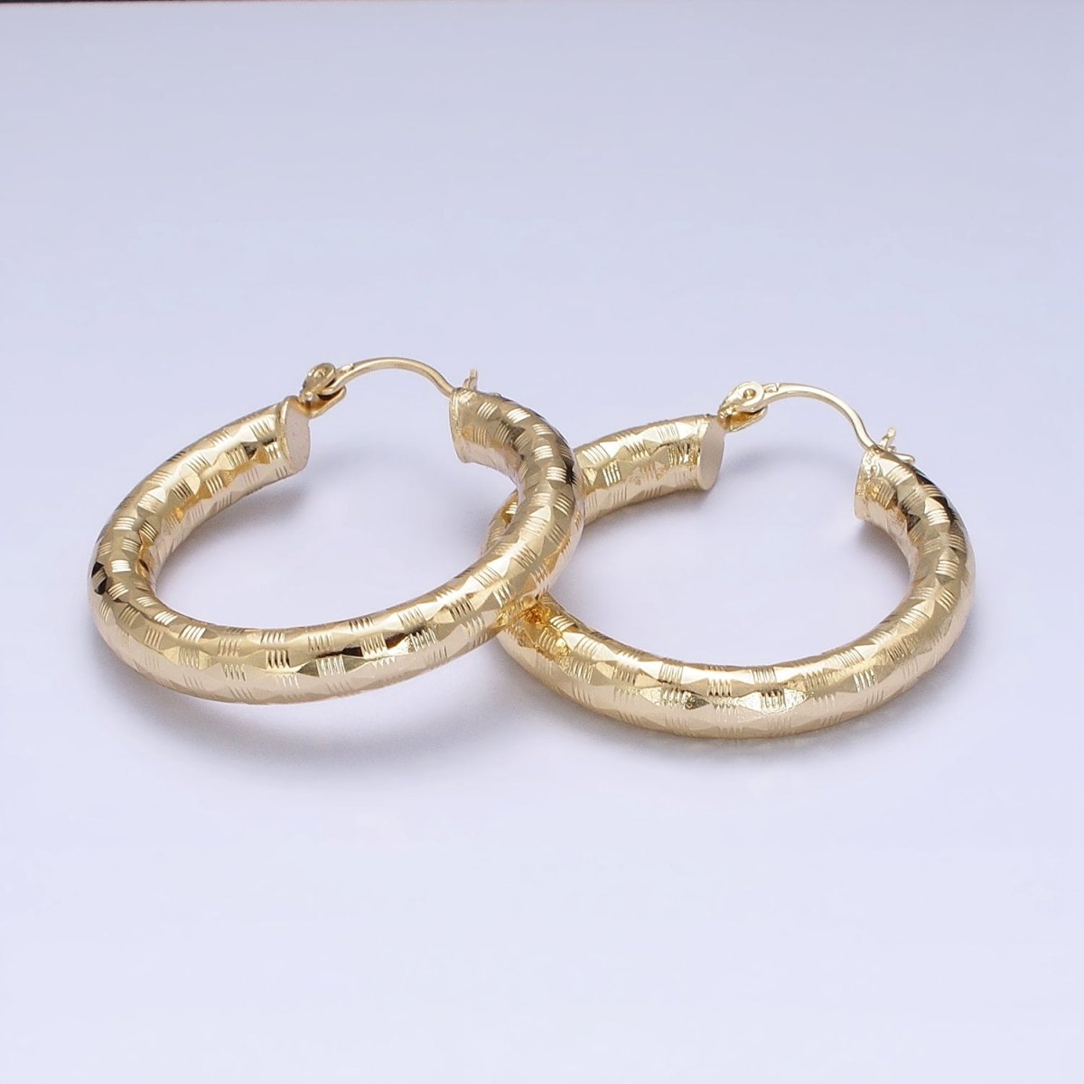 14K Gold Filled 35mm, 55mm, 50mm Line-Texture Multifaceted French Lock Latch Hoop Earrings | AE001 - AE003 - DLUXCA