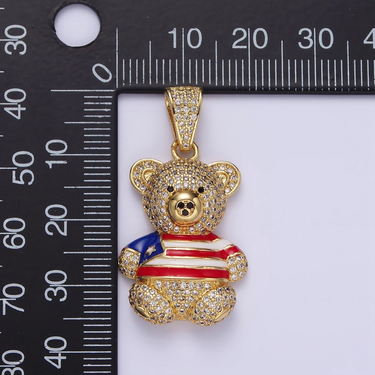 14K Gold Filled 35mm Bear Animal Flag Shirt Clear Micro Paved CZ Bail Pendant | AA642 - DLUXCA