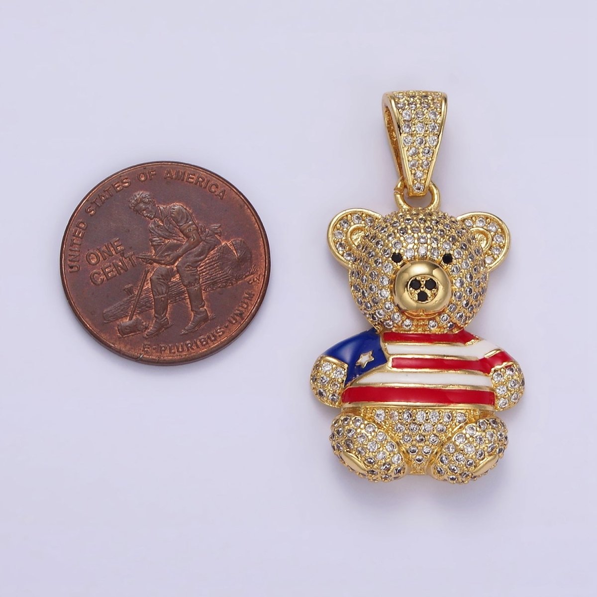 14K Gold Filled 35mm Bear Animal Flag Shirt Clear Micro Paved CZ Bail Pendant | AA642 - DLUXCA