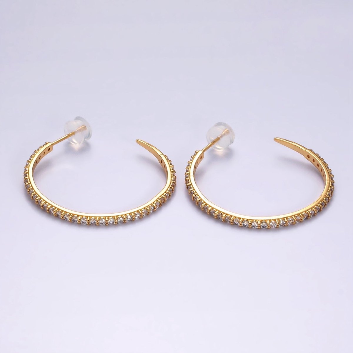 14K Gold Filled 35mm Clear CZ Lined C-Shaped Hoop Earrings in Gold & Silver | AE153 AE154 - DLUXCA