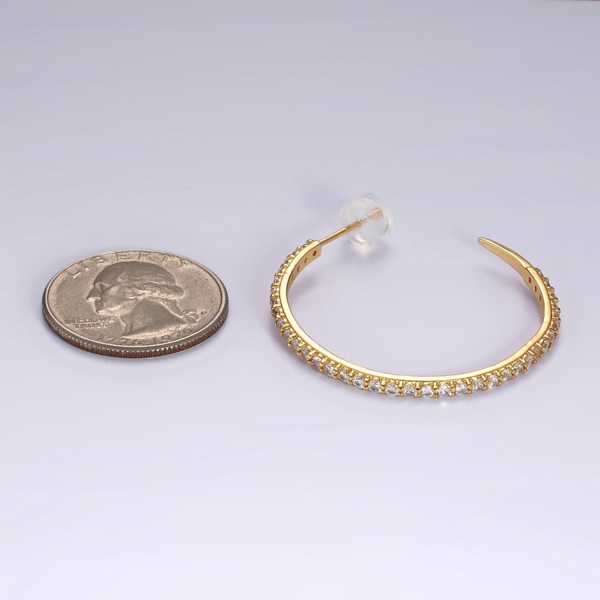 14K Gold Filled 35mm Clear CZ Lined C-Shaped Hoop Earrings in Gold & Silver | AE153 AE154 - DLUXCA