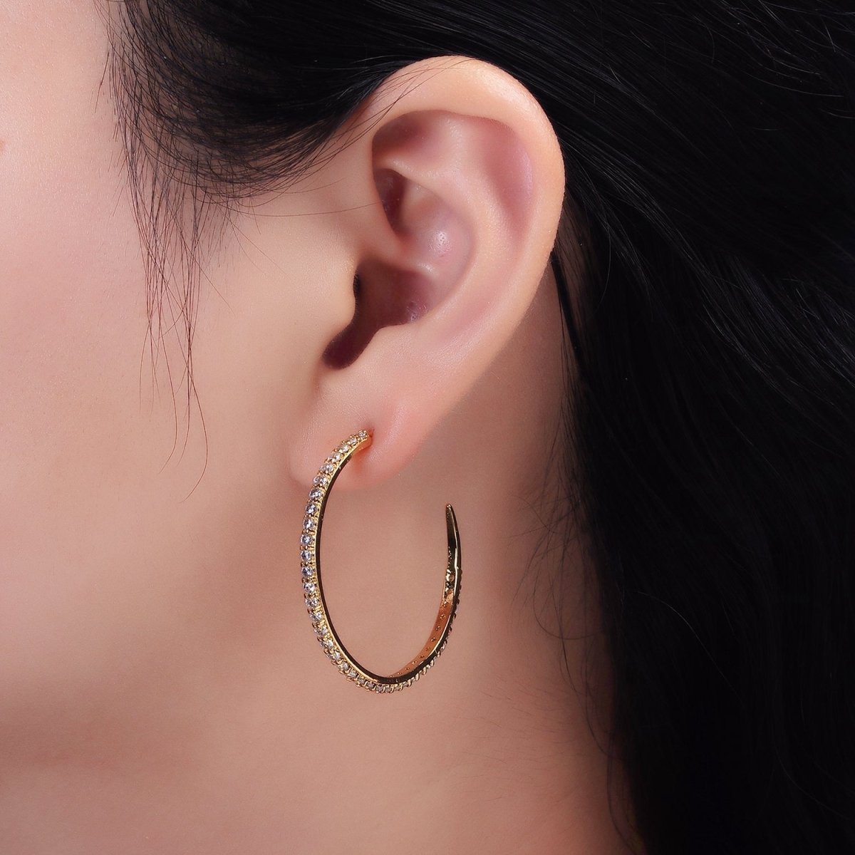 14K Gold Filled 35mm Clear CZ Lined C-Shaped Hoop Earrings in Gold & Silver | AE153 AE154 - DLUXCA