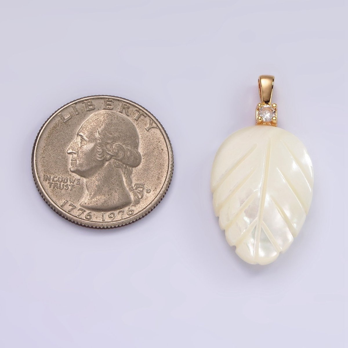 14K Gold Filled 35mm Clear CZ Shell Pearl Nature Leaf Pendant | P1652 - DLUXCA