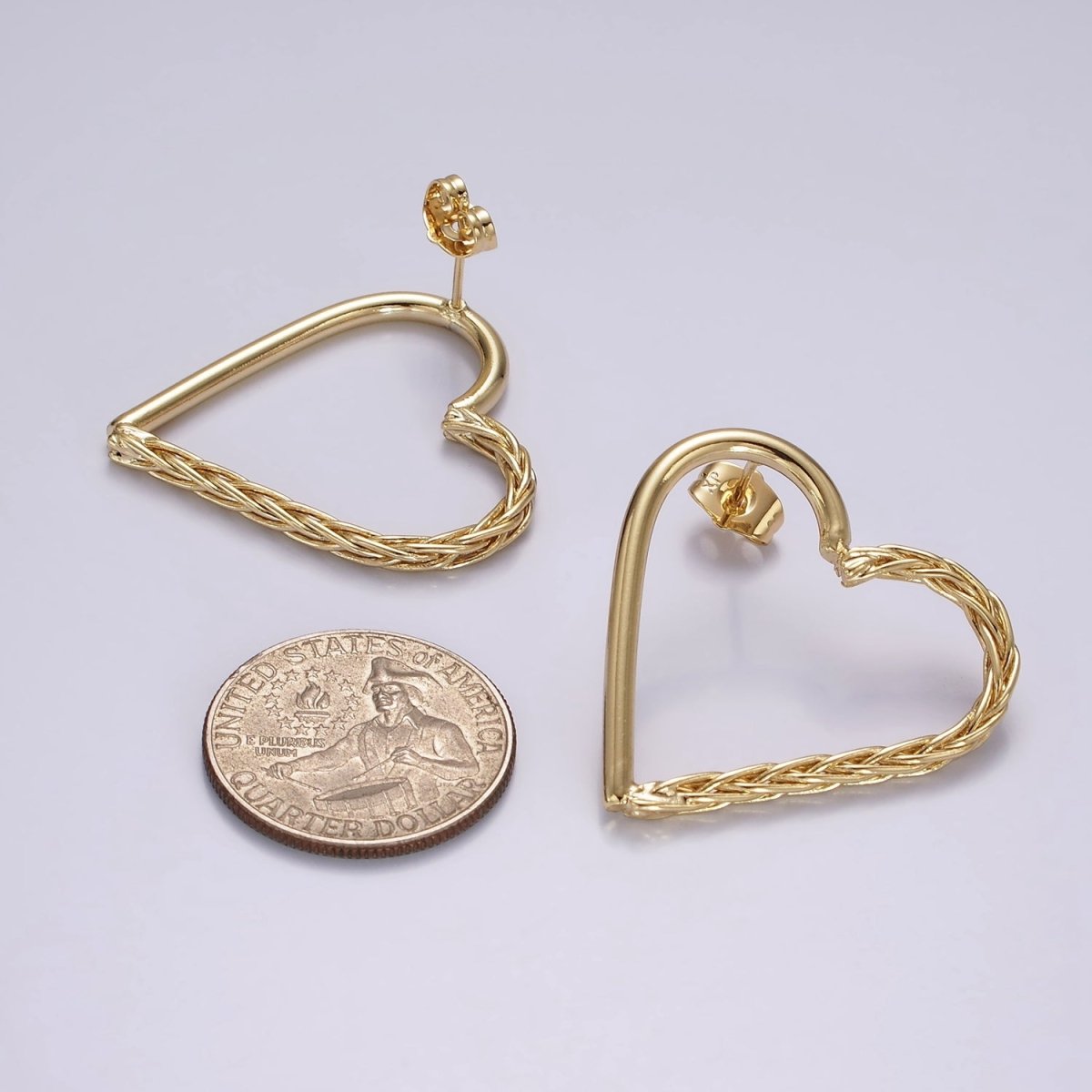 14K Gold Filled 35mm Open Braided Foxtail Band Heart Minimalist Stud Earrings Set | AE399 - DLUXCA