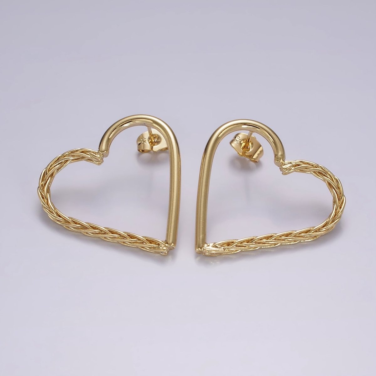 14K Gold Filled 35mm Open Braided Foxtail Band Heart Minimalist Stud Earrings Set | AE399 - DLUXCA