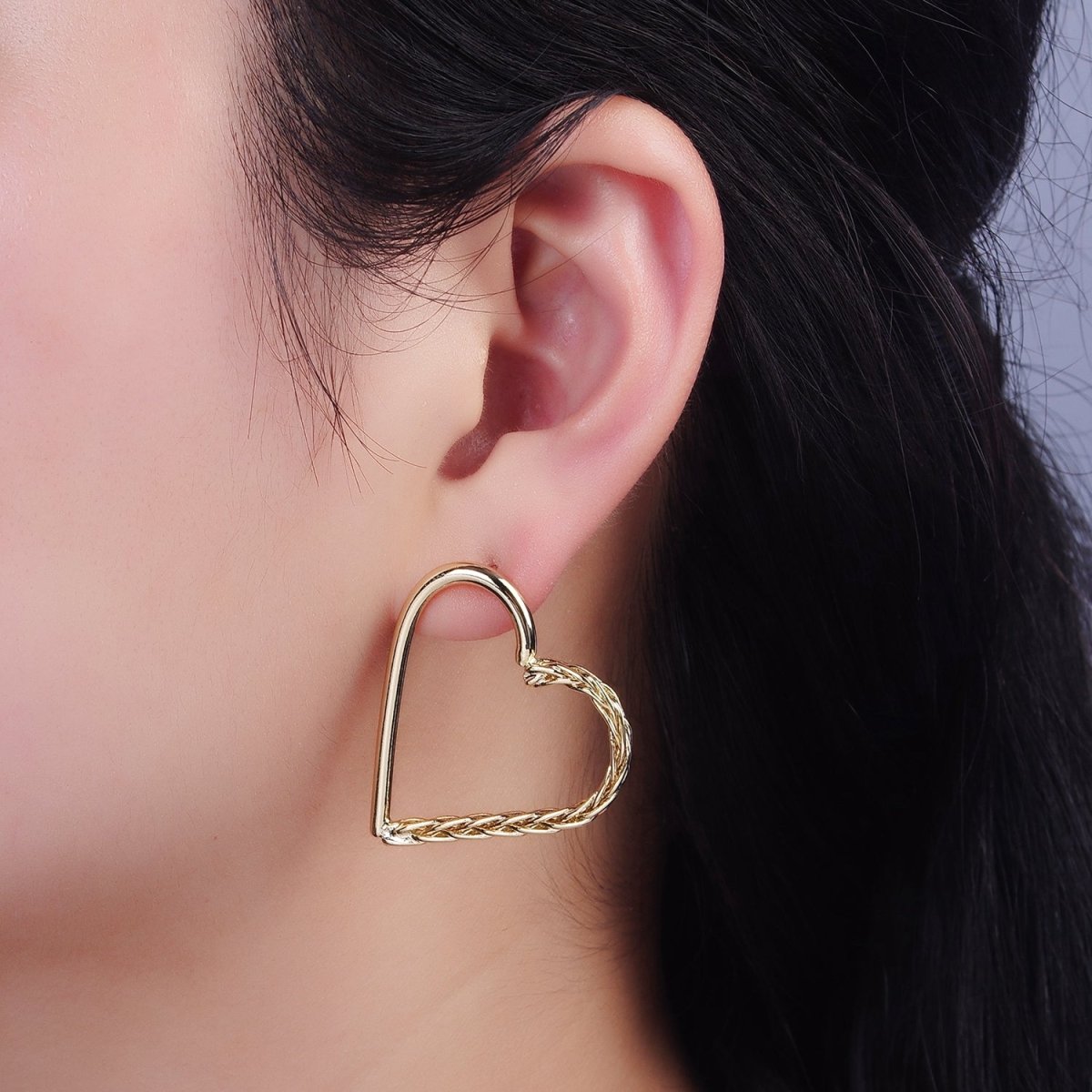 14K Gold Filled 35mm Open Braided Foxtail Band Heart Minimalist Stud Earrings Set | AE399 - DLUXCA