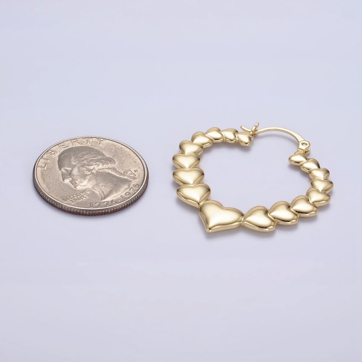 14K Gold Filled 35mm Puffed Heart Lined French Lock Latch Hoop Earrings | AE728 - DLUXCA