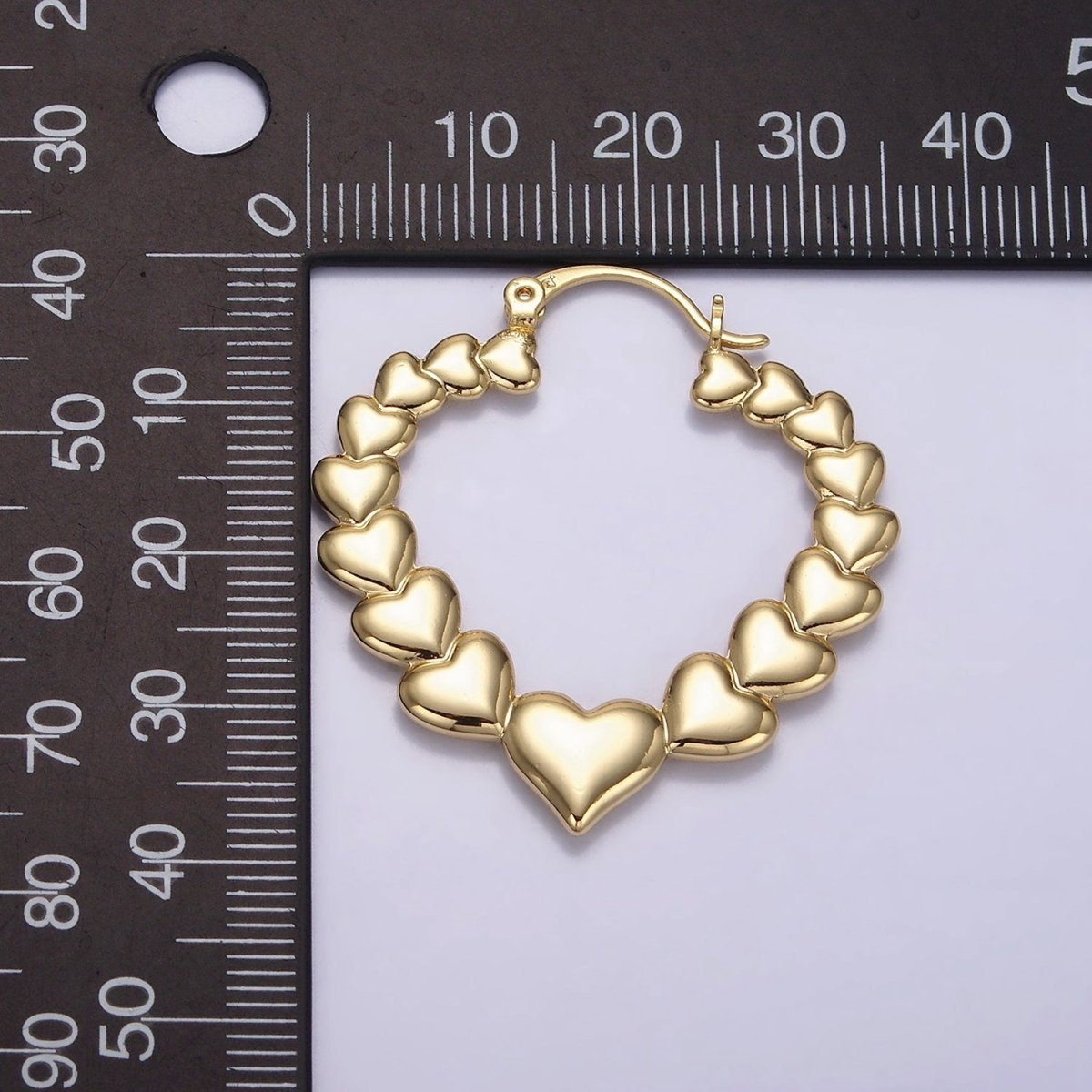 14K Gold Filled 35mm Puffed Heart Lined French Lock Latch Hoop Earrings | AE728 - DLUXCA