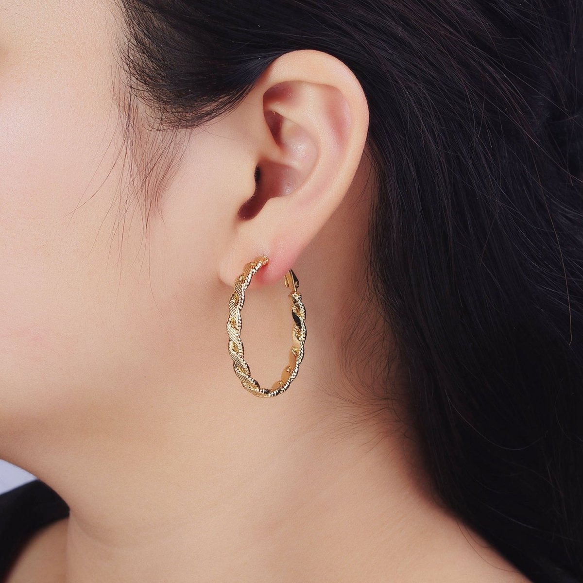 14K Gold Filled 35mm Textured Flat Twisted Hinge Hoop Earrings | AE047 - DLUXCA