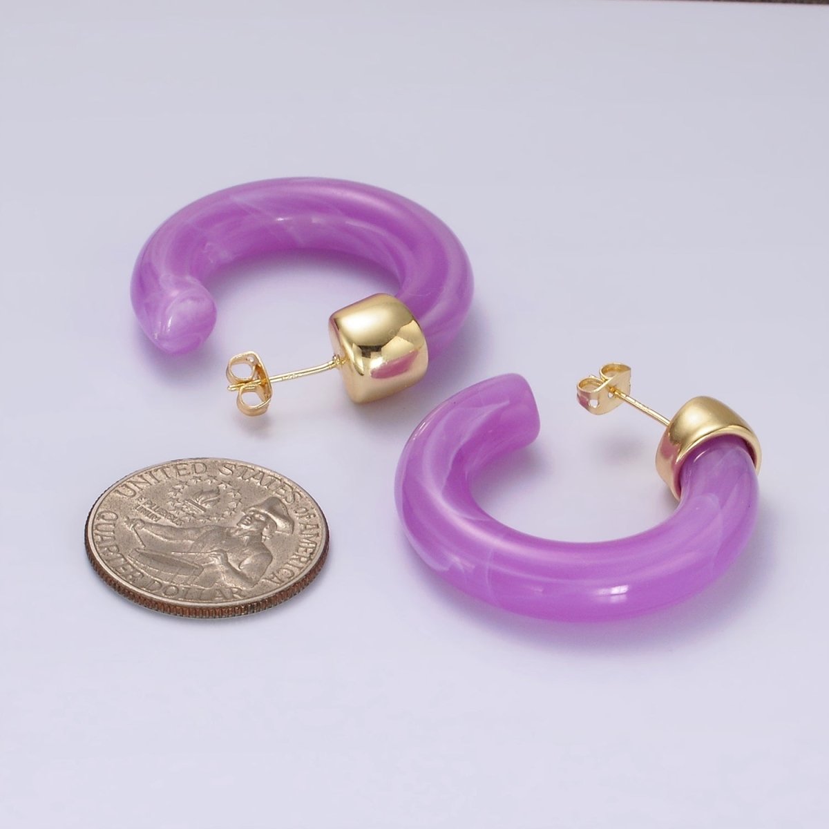 14K Gold Filled 35mm Yellow, Green, Pink, Purple C-Shaped Resin Hoop Earrings | AE189 - AE192 - DLUXCA