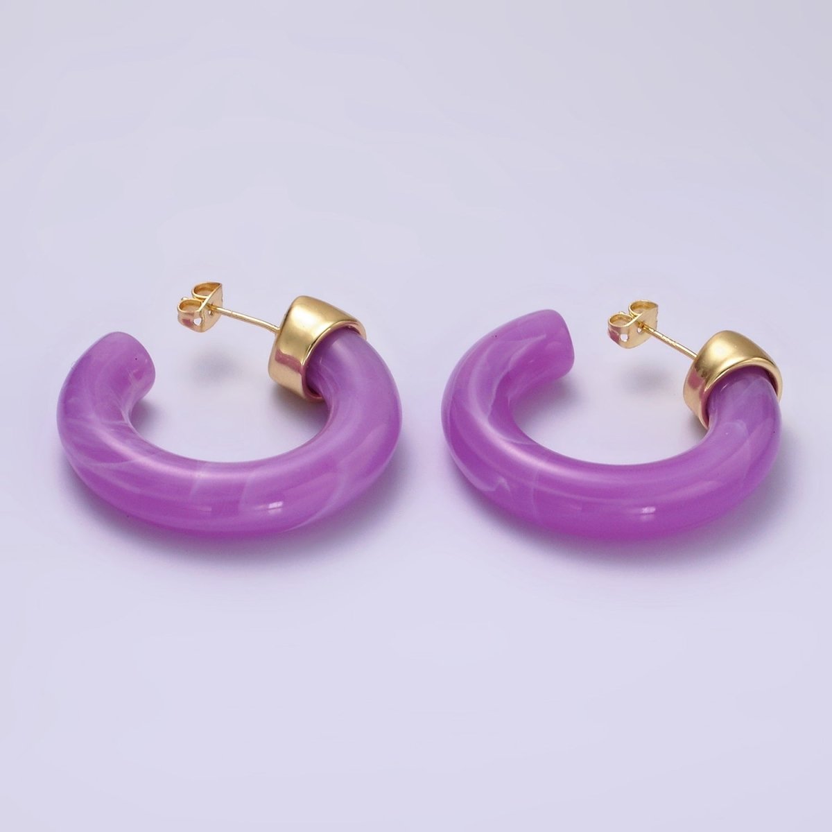 14K Gold Filled 35mm Yellow, Green, Pink, Purple C-Shaped Resin Hoop Earrings | AE189 - AE192 - DLUXCA