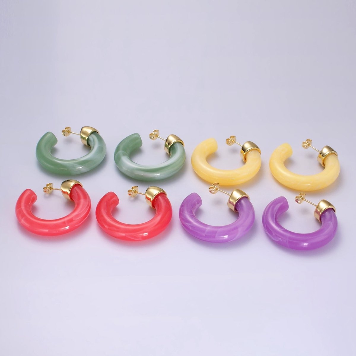 14K Gold Filled 35mm Yellow, Green, Pink, Purple C-Shaped Resin Hoop Earrings | AE189 - AE192 - DLUXCA