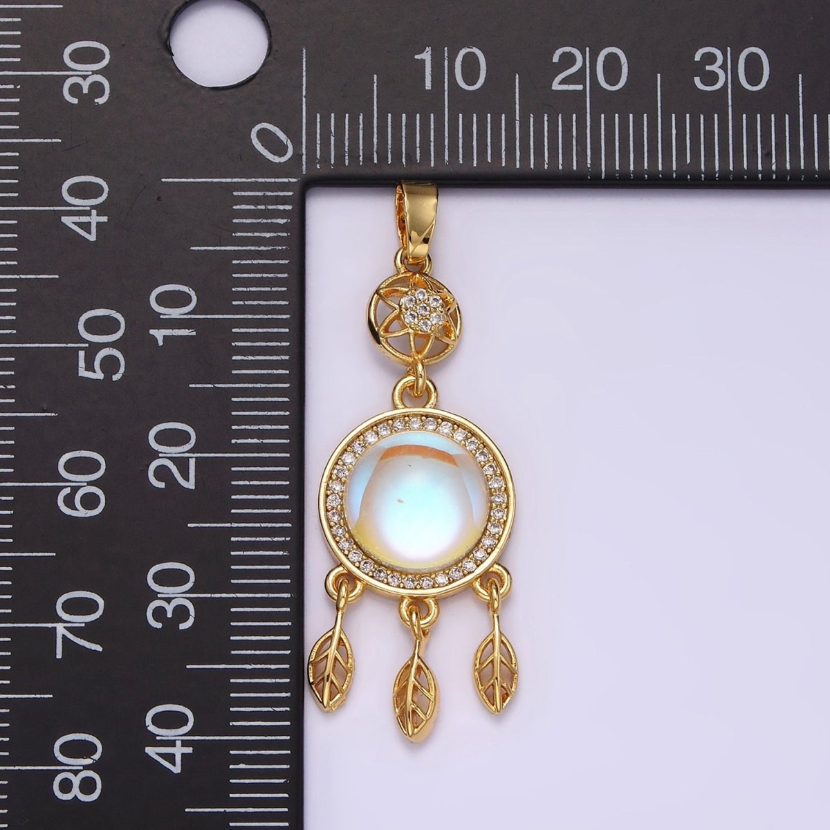 14K Gold Filled 39.5mm Moonstone Micro Paved CZ Celestial Star Dreamcatcher Pendant | N-1824 - DLUXCA