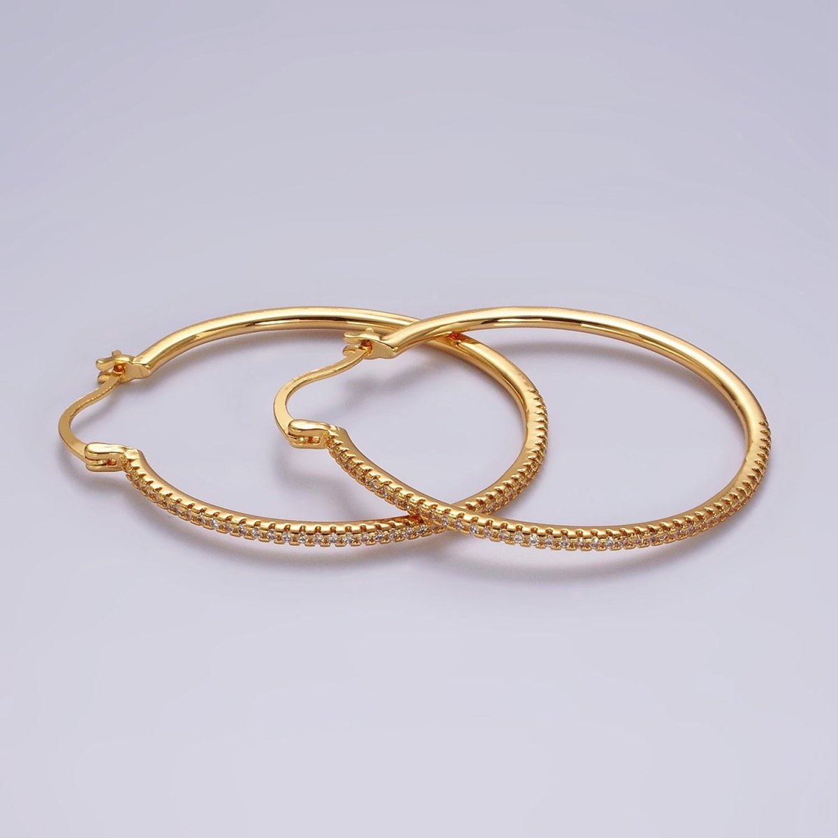 14K Gold Filled 40mm, 30mm, 50mm Clear Micro Paved CZ Latch Hoop Earrings in Gold & Silver | AE139 - AE144 - DLUXCA