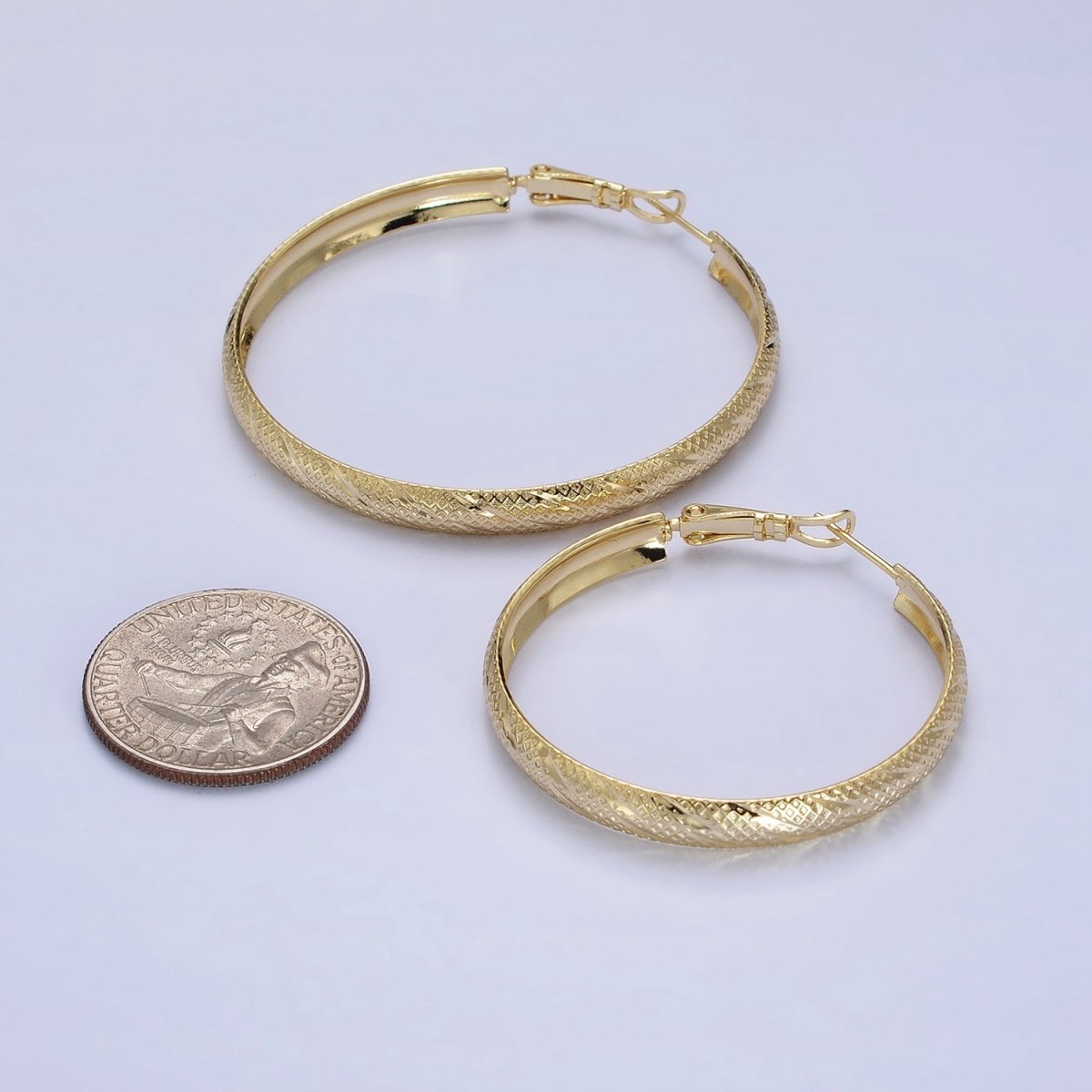 14K Gold Filled 40mm, 50mm Rhombus Lined Textured Hinge Hoop Earrings | AE057 AE058 - DLUXCA
