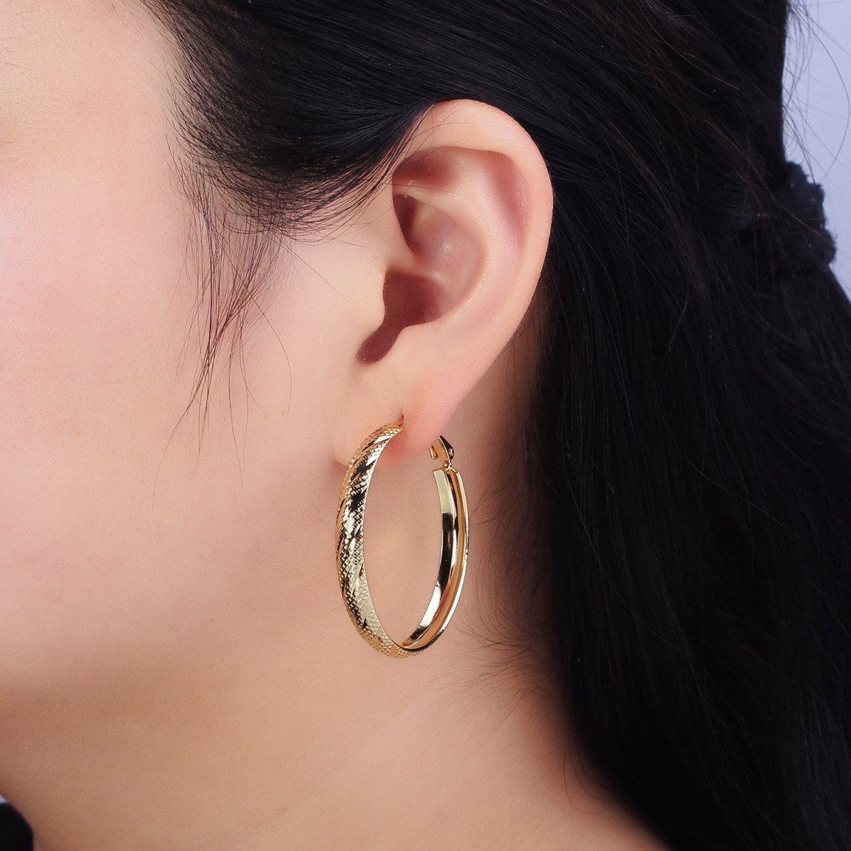 14K Gold Filled 40mm, 50mm Rhombus Lined Textured Hinge Hoop Earrings | AE057 AE058 - DLUXCA