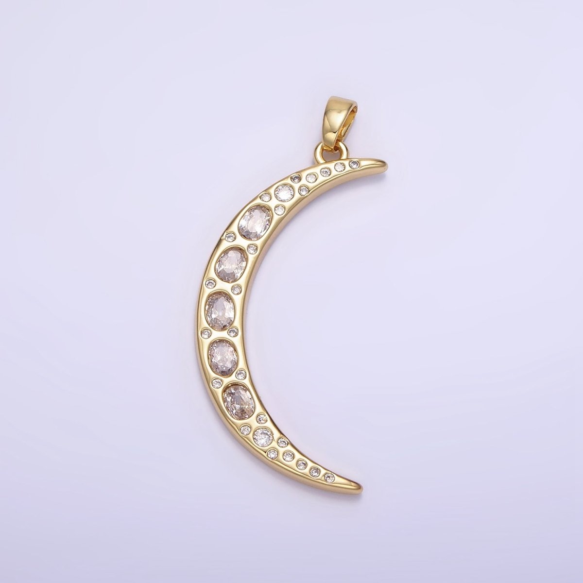 14K Gold Filled 40mm Clear CZ Oval Dotted Celestial Crescent Moon Pendant | AH147 - DLUXCA