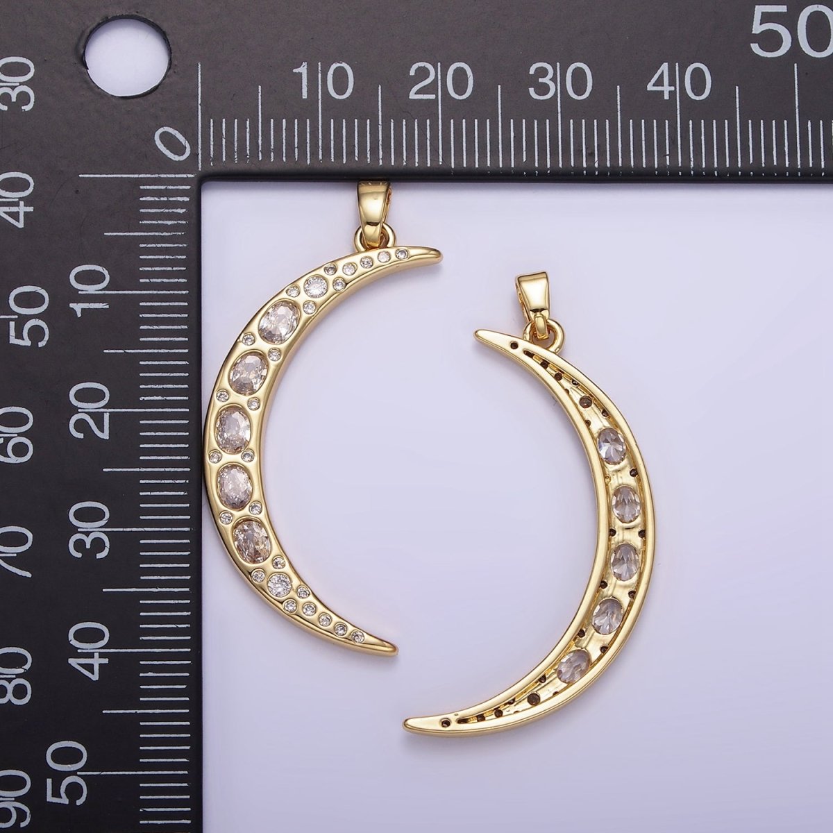 14K Gold Filled 40mm Clear CZ Oval Dotted Celestial Crescent Moon Pendant | AH147 - DLUXCA