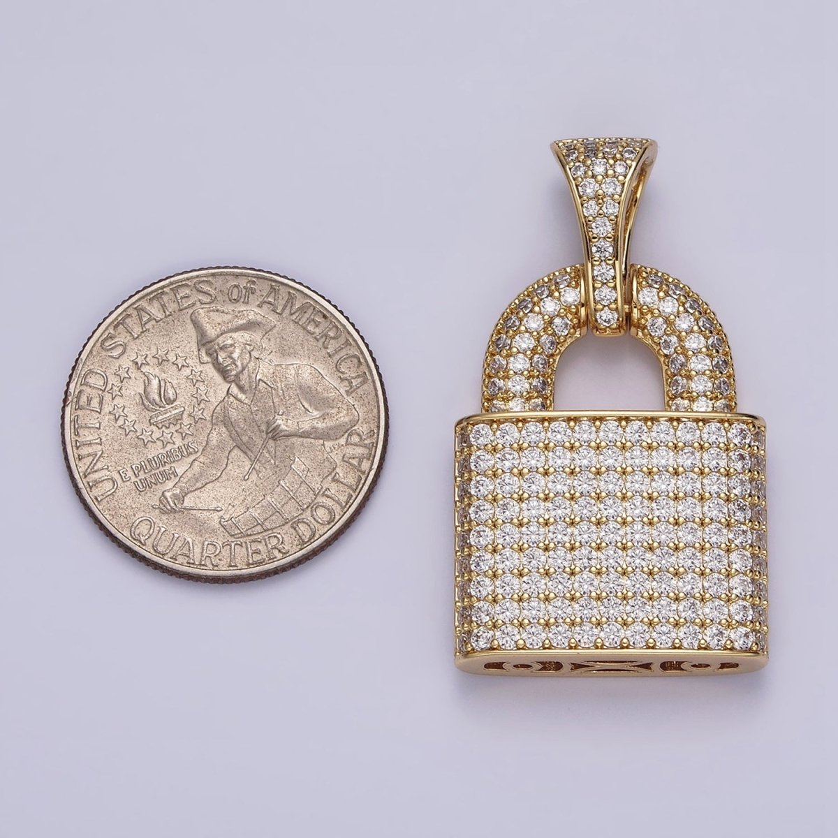 14K Gold Filled 40mm Clear Micro Paved CZ Padlock Pendant | AA647 - DLUXCA